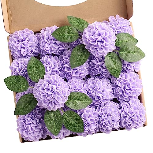 N&T NIETING Lot de 20 fleurs de dahlia artificielles avec feuilles et tiges - Fleurs de dahlia en mousse à faire soi-même pour bouquets de mariage, centres...