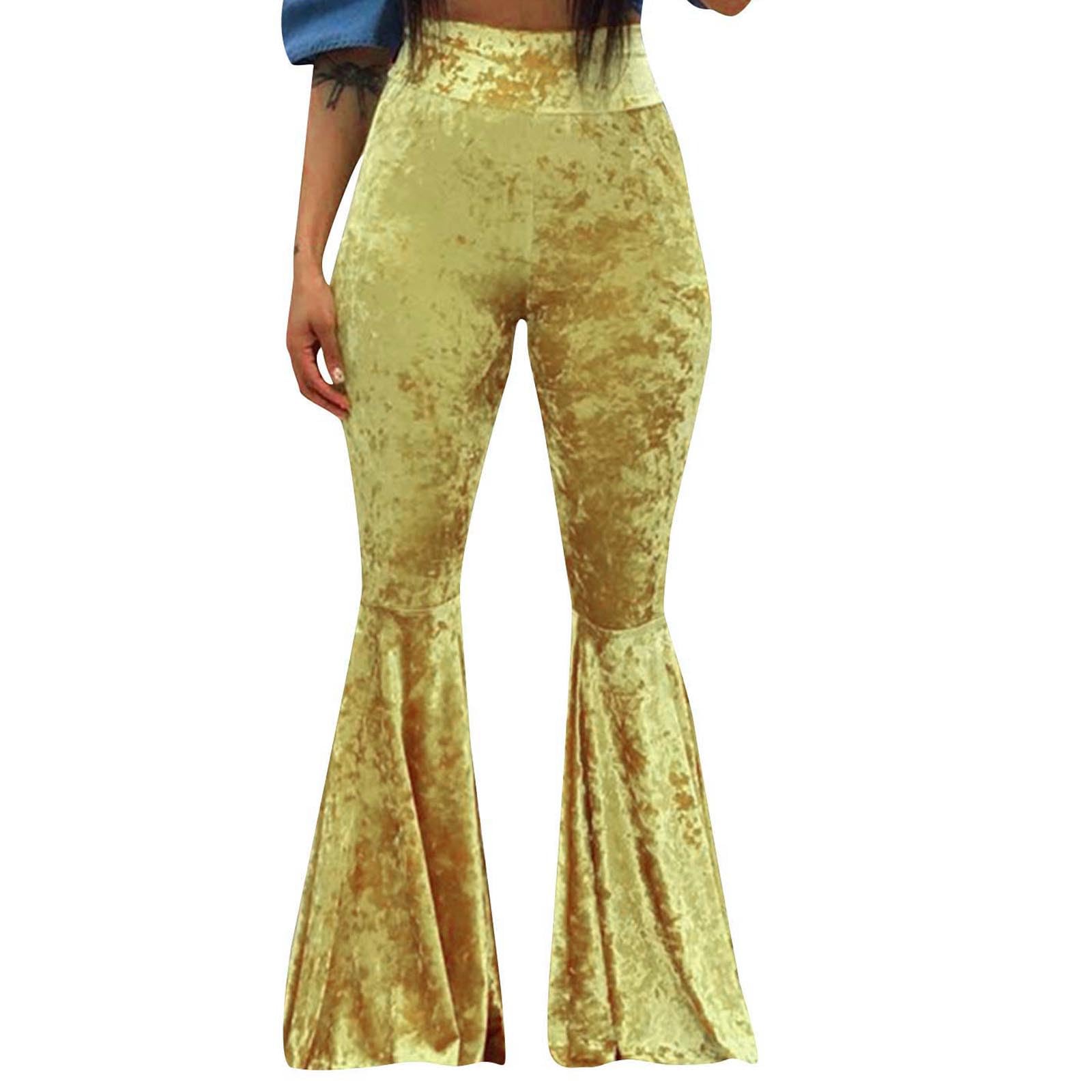 Womens Velvet High Waisted Palazzo Pants Comfy Velour Wide Leg Bell Bottom Flare Pants Elastic Waist Long Trousers