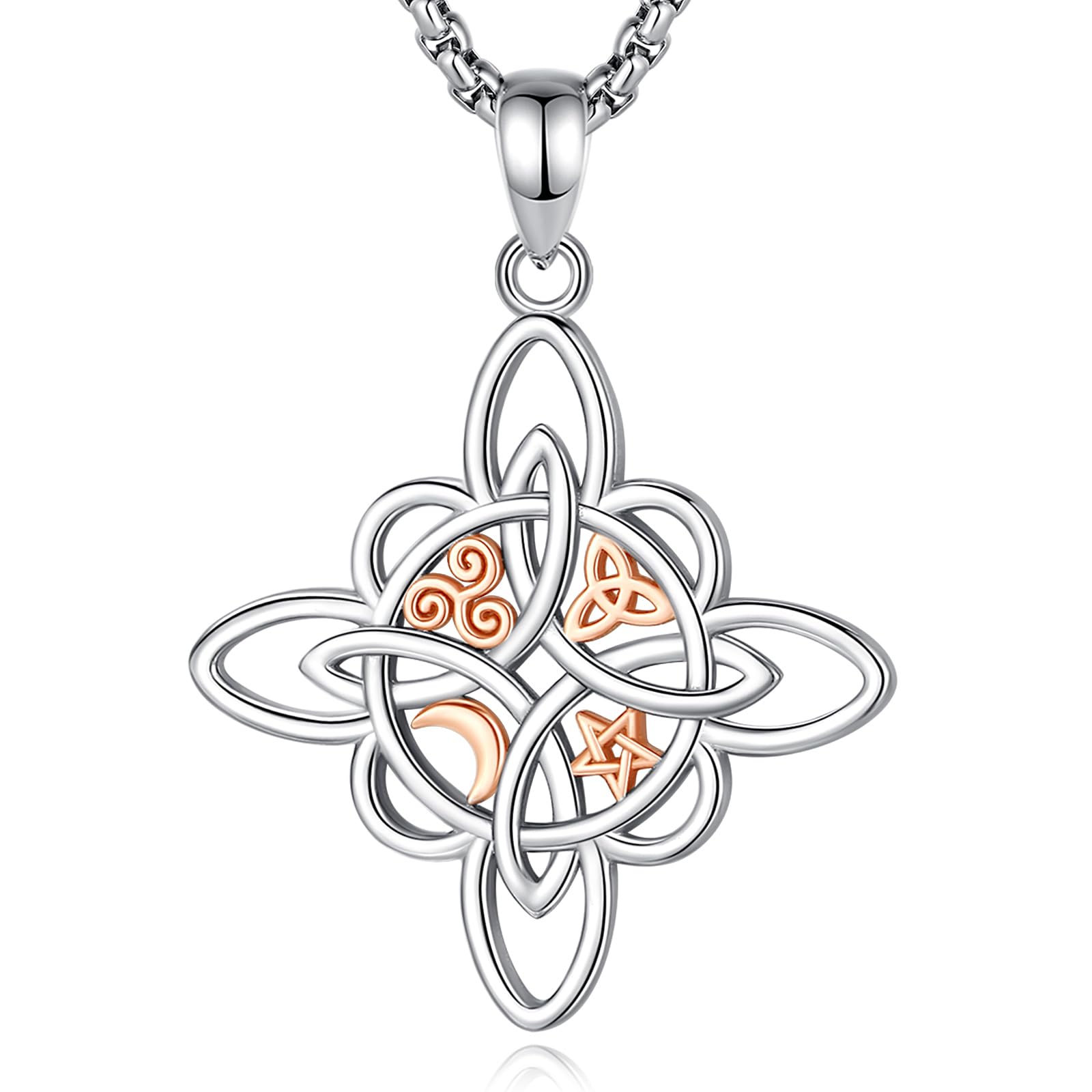 Vito 925 Sterling Silver Wiccan Necklace for Women Men, Witch Knot/Chaos Star/Earth Mother Pendant, Witch Witchcraft Protection Amulet Energy Jewelry Gift, 22"