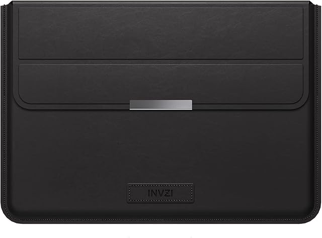 INVZI MacBook Sleeve, Vegan Leather Bag Compatible with 13/14" MacBook Air, MacBook Pro M1/M2 2018-2022, Compact Design with Invisible Stand (Black)