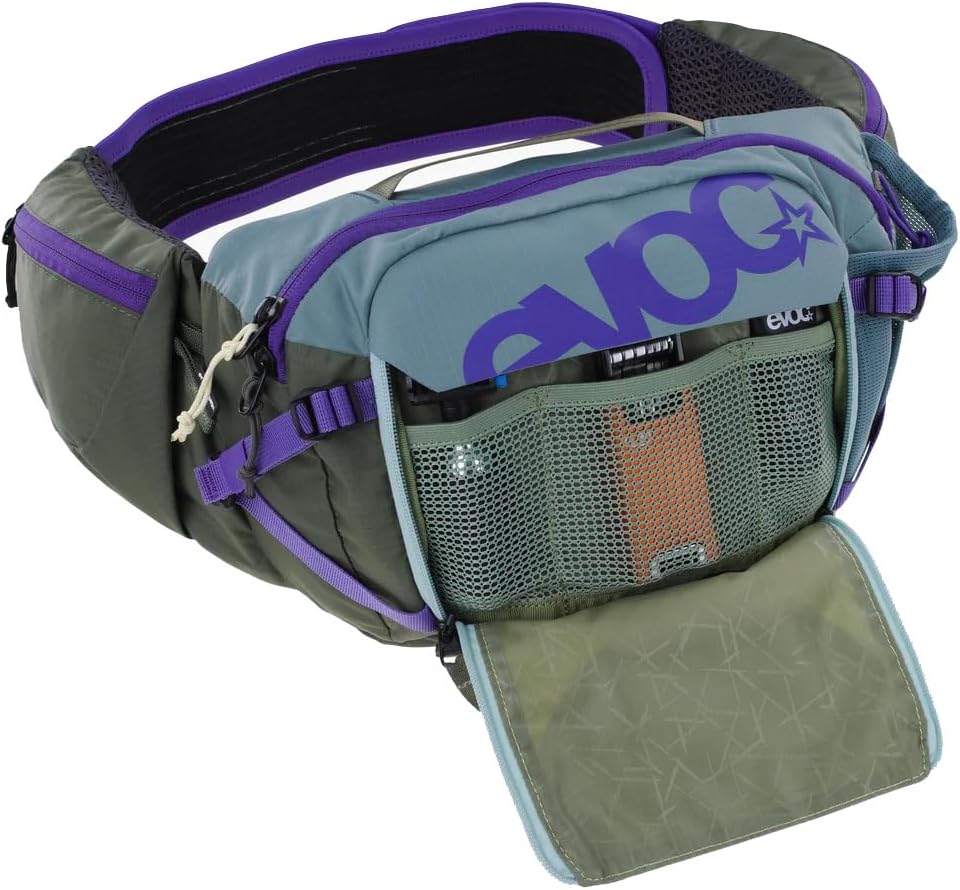 EVOC Hip Pack Pro 3, Waist Bag (AERO Flex Waist Belt, Bum Bag with Air Flow Contact System, Mesh Material, Tool Compartment, Perfect Bicycle Accessories for Trail Lovers), Steel - Purple - Dark Olive