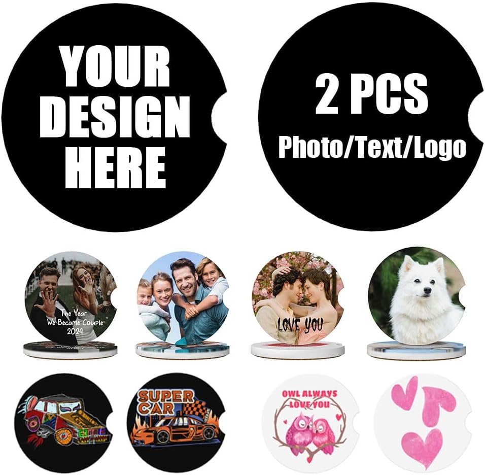 Customized Ceramic Car Cup Coasters 2 Pack Personalized Decorative Accessories for Car, Customizable 2 Pcs Car Holders for Men Women, Custom Gifts for Valentine's Day Birthday, Black