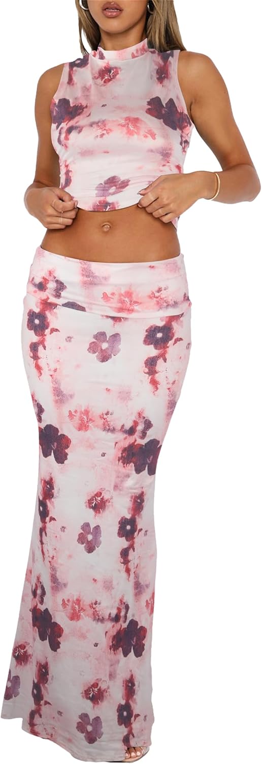 Skirt Sets Women 2 Piece Outfits - Sexy Two Pc Sleeveless Tank Crop Top Fold Over Maxi Long Skirts