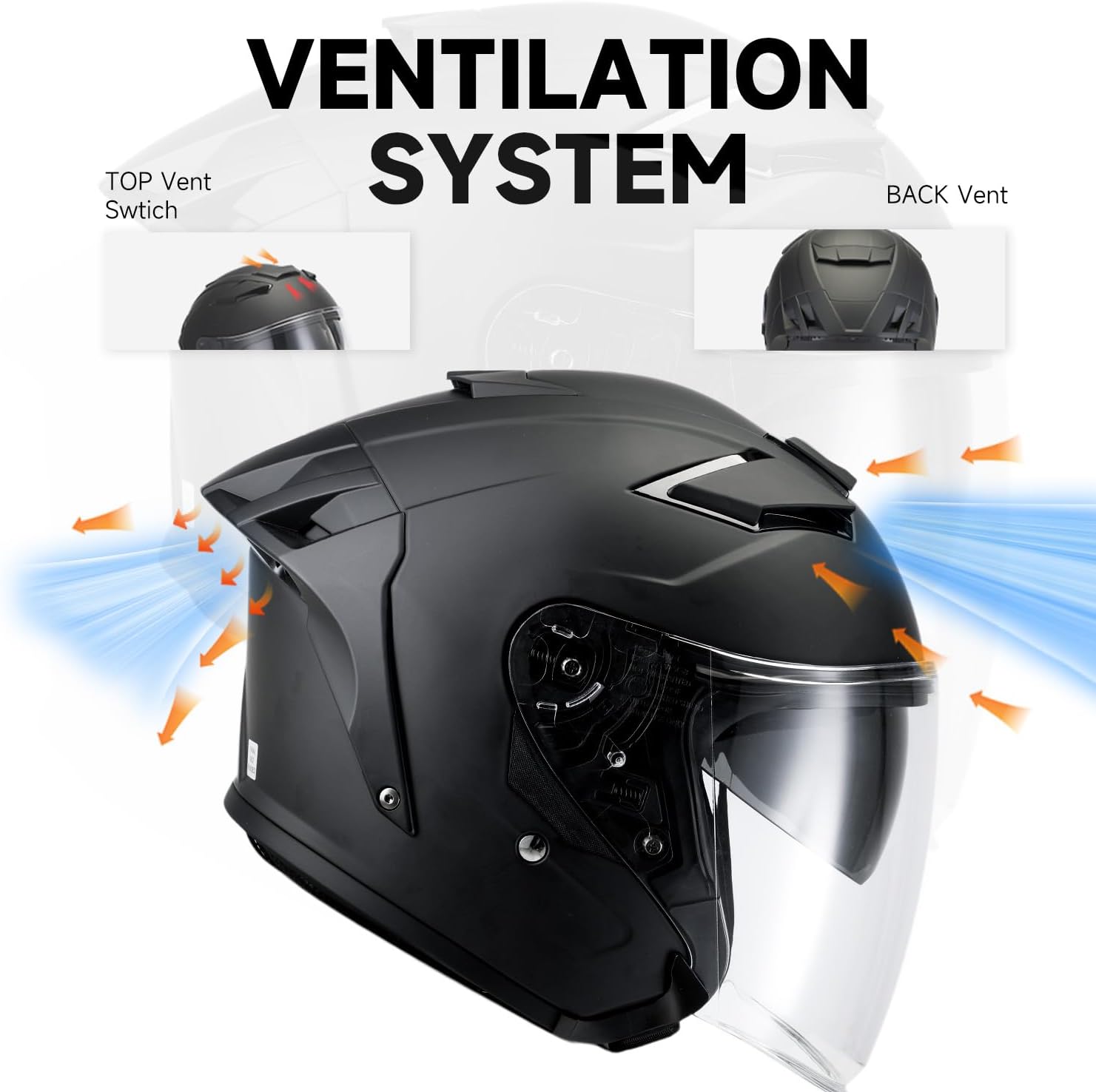 TCMT Motorcycle Half Open Face Helmet for Adults, Dual Visor 3/4 Helmet with Clear & Tinted Shields, Lightweight ABS Shell, Removable Padding Matte Black-L