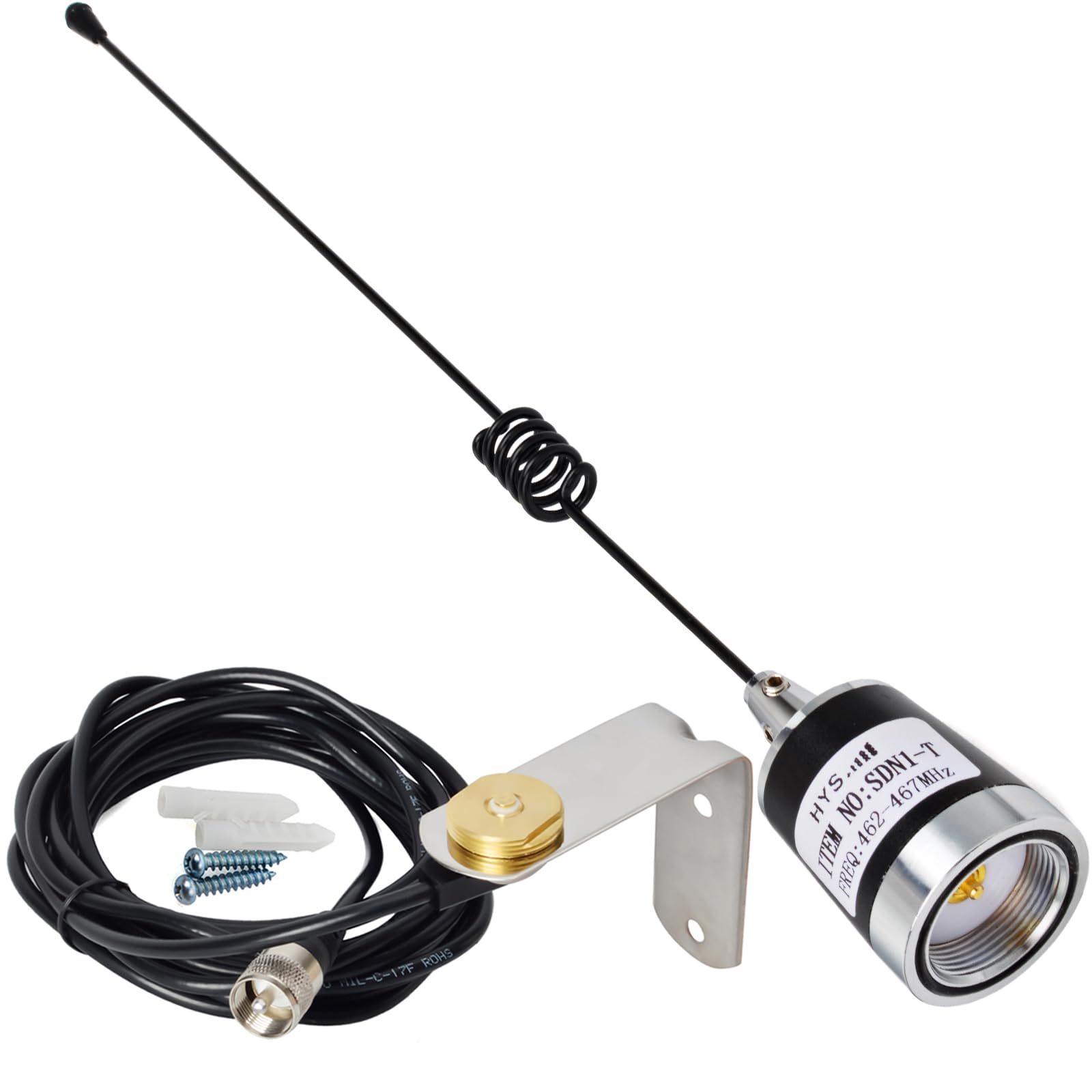 HYS Amateur UHF NMO 17.7inchs Whip Antenna, 3.5dBi 462MHz–467MHz, W/ 13ft RG58 Coax Cable Roof NMO Mount Antenna Surface with UHF MALE/PL259/L Bracket for Yaesu Kenwood Vertex Icom Mobile GMRS Radios