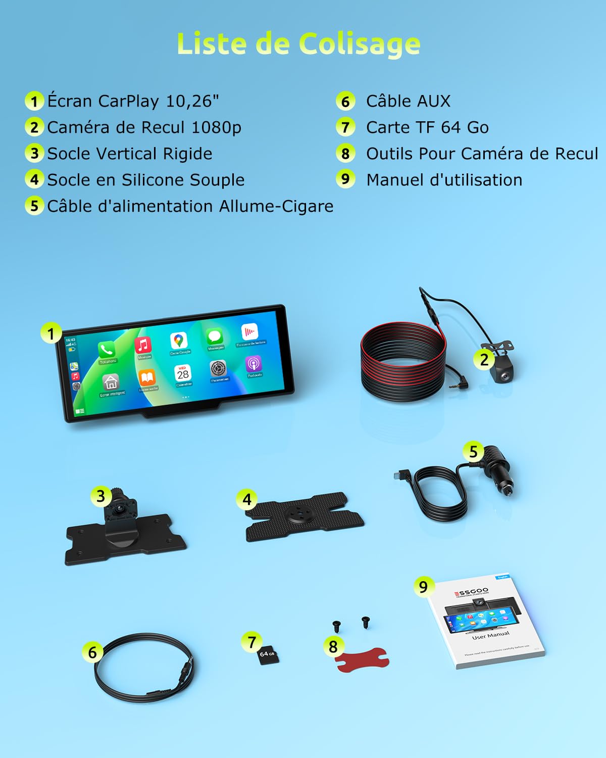ESSGOO CarPlay Voiture, Supporte CarPlay sans Fil et Android Auto, Écran Tactile IPS 10,26 Pouces, Caméra Avant 4K et Caméra de Recul 1080P, Bluetooth 5.3, GPS, FM, AUX, Mirror Link, Carte TF 64G