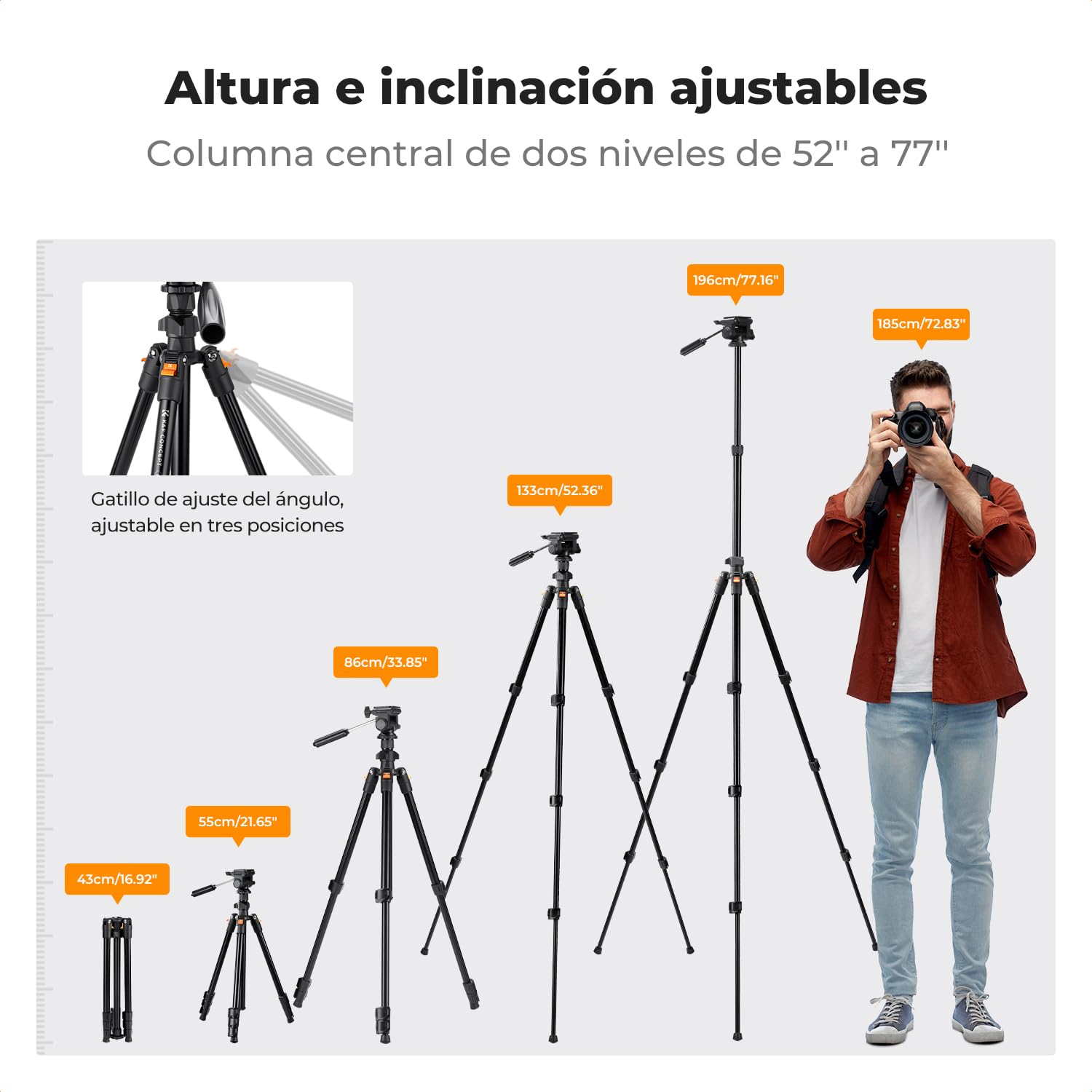 K&F CONCEPT Trípode Cámara 196cm | Cabezal Giratorio de 3 Vías, Inclinación +100°/-70°, Carga 4kg, Con Soporte para Teléfono, O234A3+BV01