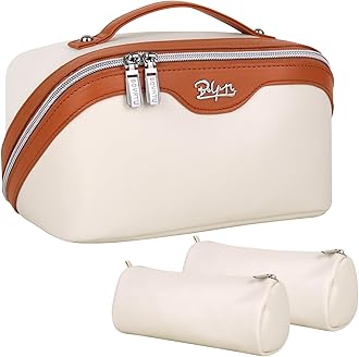 Travel Makeup Bag for Women Organizer: 3 Set Large Capacity Cosmetic Bags - Toiletry Bag with Divider 09-Beige