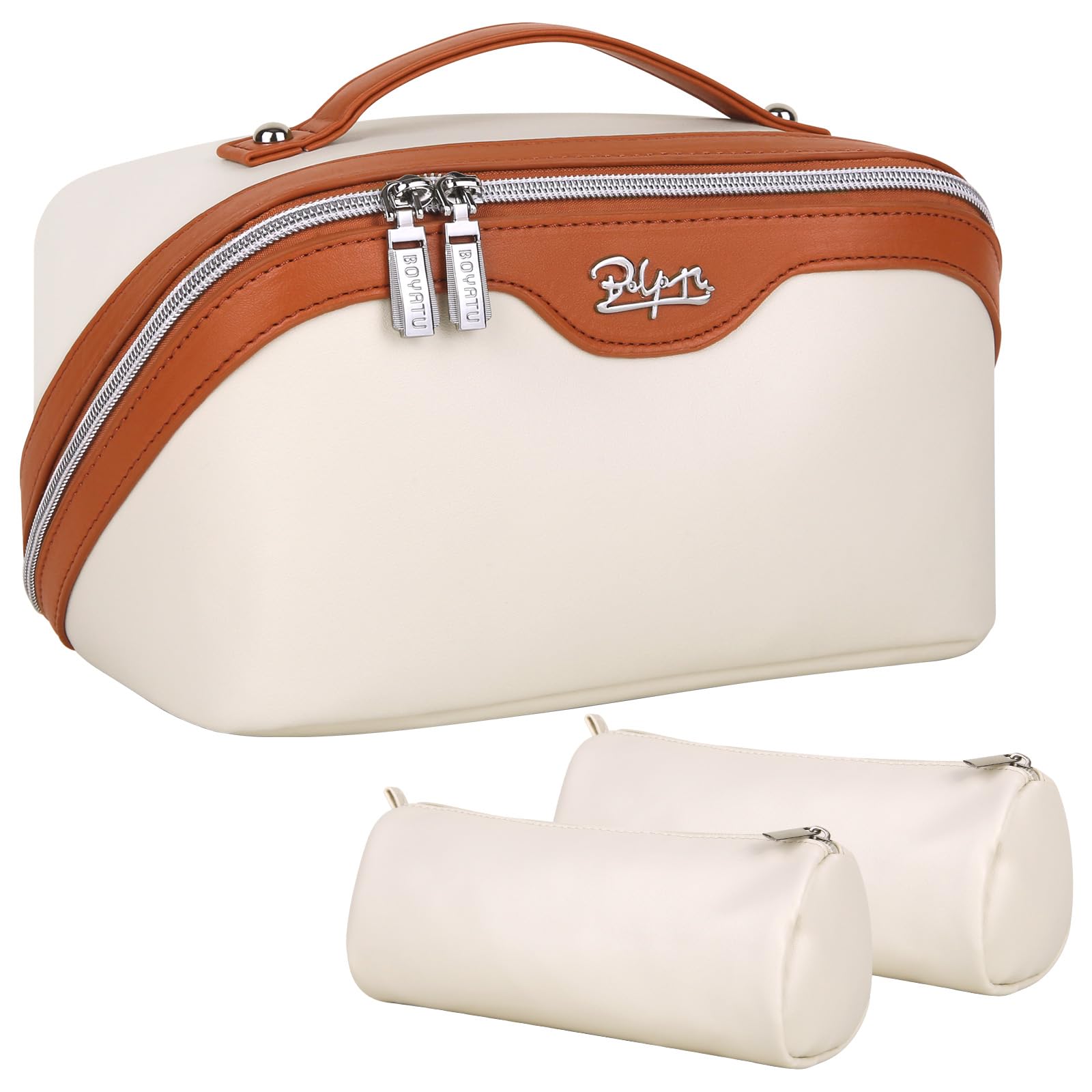 Travel Makeup Bag for Women Organizer: 3 Set Large Capacity Cosmetic Bags - Toiletry Bag with Divider 09-Beige