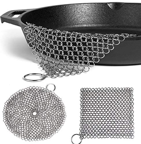 LOOCH Cast Iron Cleaner 2 Pack- 8"x6" and 7â€x7â€ More Efficient Stainless Steel Chainmail Scrubber for Cast Iron Pan Pre-Seasoned Pan Dutch Ovens Waffle Iron Pans Scraper Cast Iron Grill Scraper Skill
