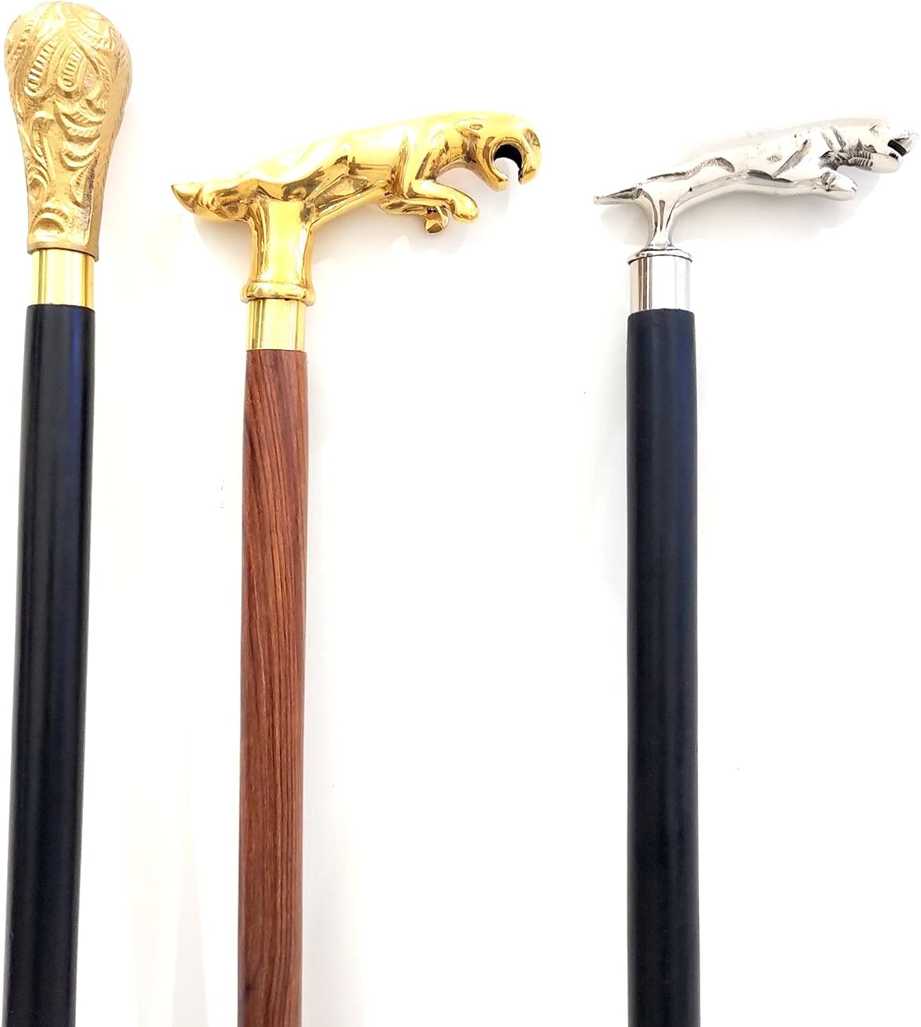 3 Piece 36.to 37 Inch Approx. Golden Silver Black Handmade Jaguar Royal Victorian Handle Brass Wands-Walking Cane-Walking Stick Materials 100% Pure Metal Brass & Wooden