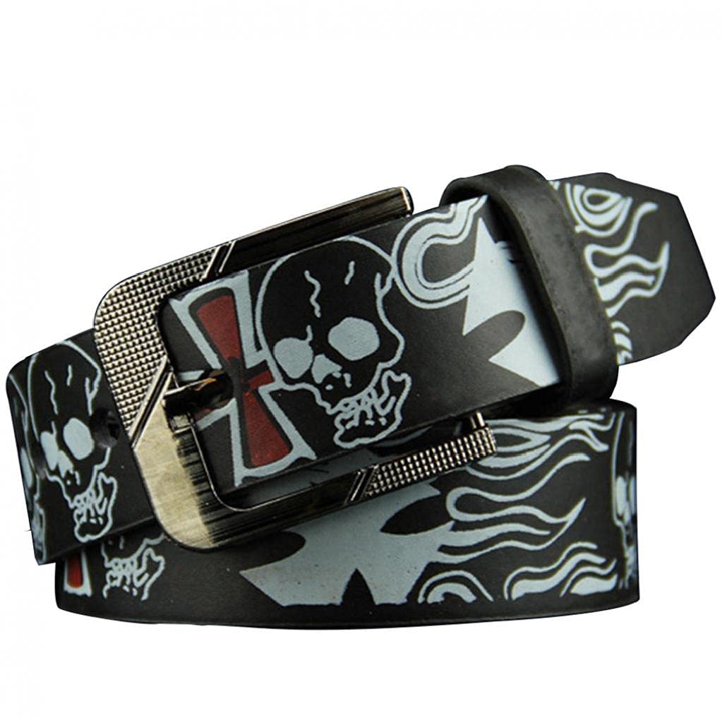 Ruluti Men's Belt Skull Cross Bone Printed Punk Belt Casual Pu Leather Strap Waistband Individuality Men Belt(black)