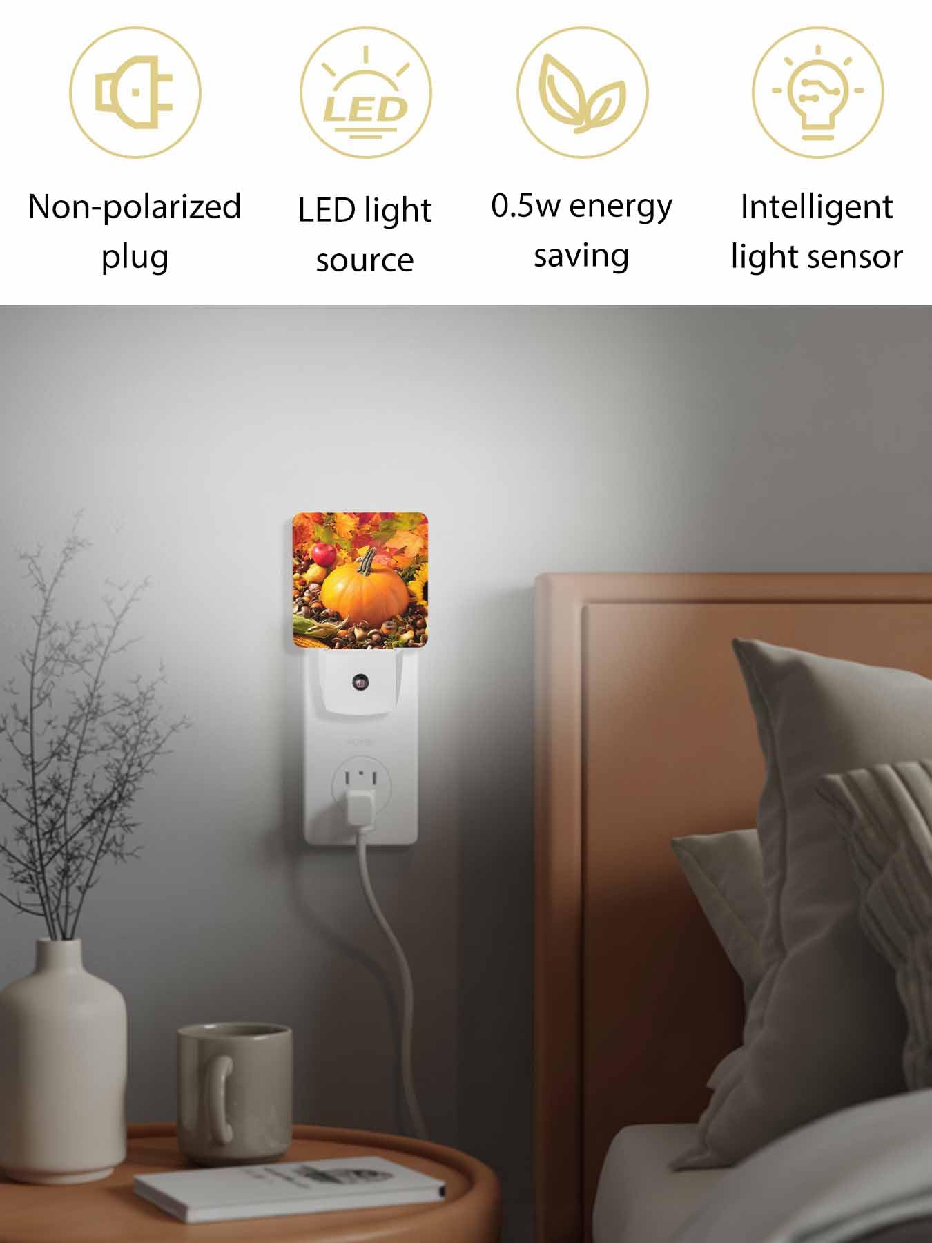 T H XHome Plug-in LED Night Light Lamp Sensor-Autumn Leaves Happy Thanksgiving Pumpkin Yellow Fall Themed Automatic Dimmable — view 3