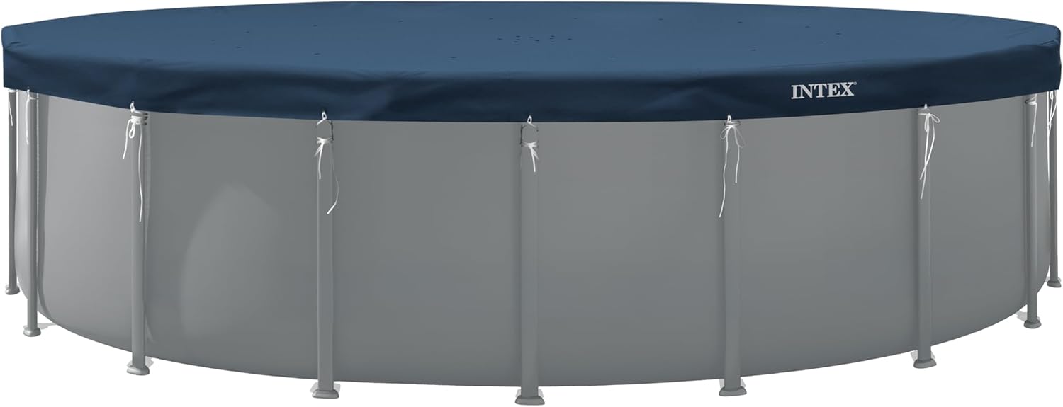 INTEX 28088E 20ft X 8in Round All-Season Deluxe Pool Cover for 20ft Round Frame Above Ground Pools with Secure Rope-Tie and Pre-Drilled Drain Holes