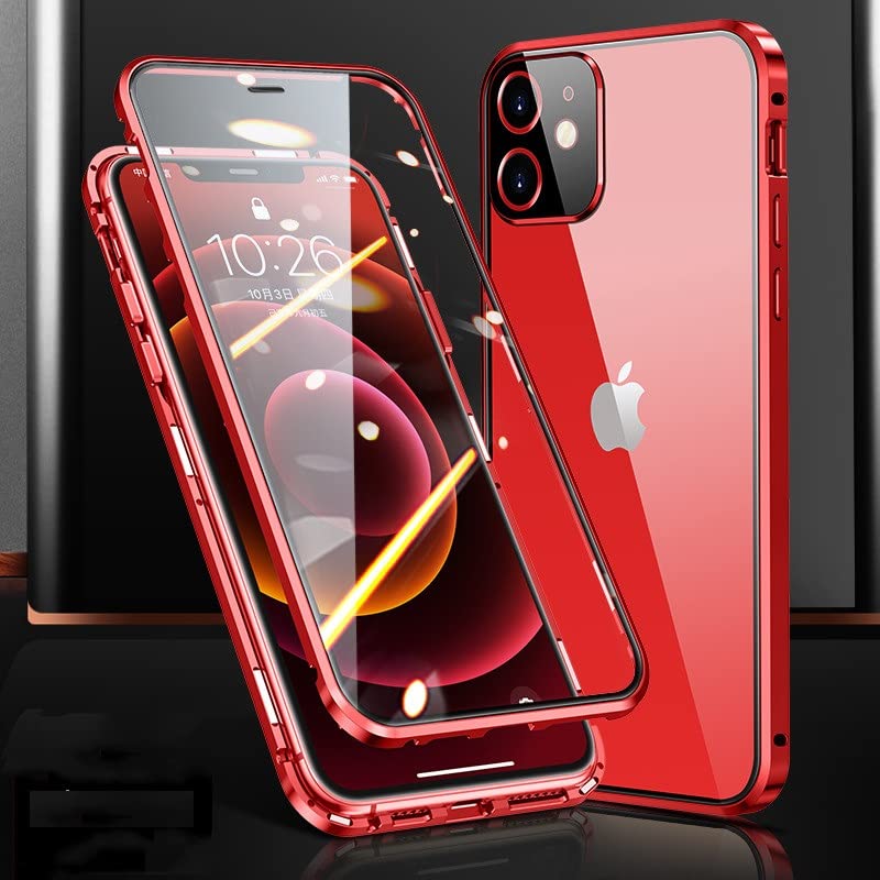 Coque transparente pour iPhone 14 Plus double face en verre trempé avec verrou rouge