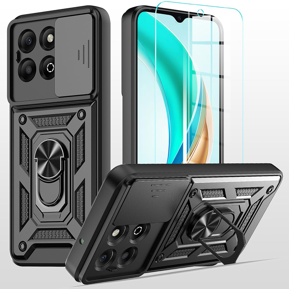 TTYSHTT for Honor X6B Case with Tempered Glass Screen Protector and Camera Cover Protection Cover Shockproof Heavy Duty [Military-Grade] Rugged Phone Case with Kickstand Black