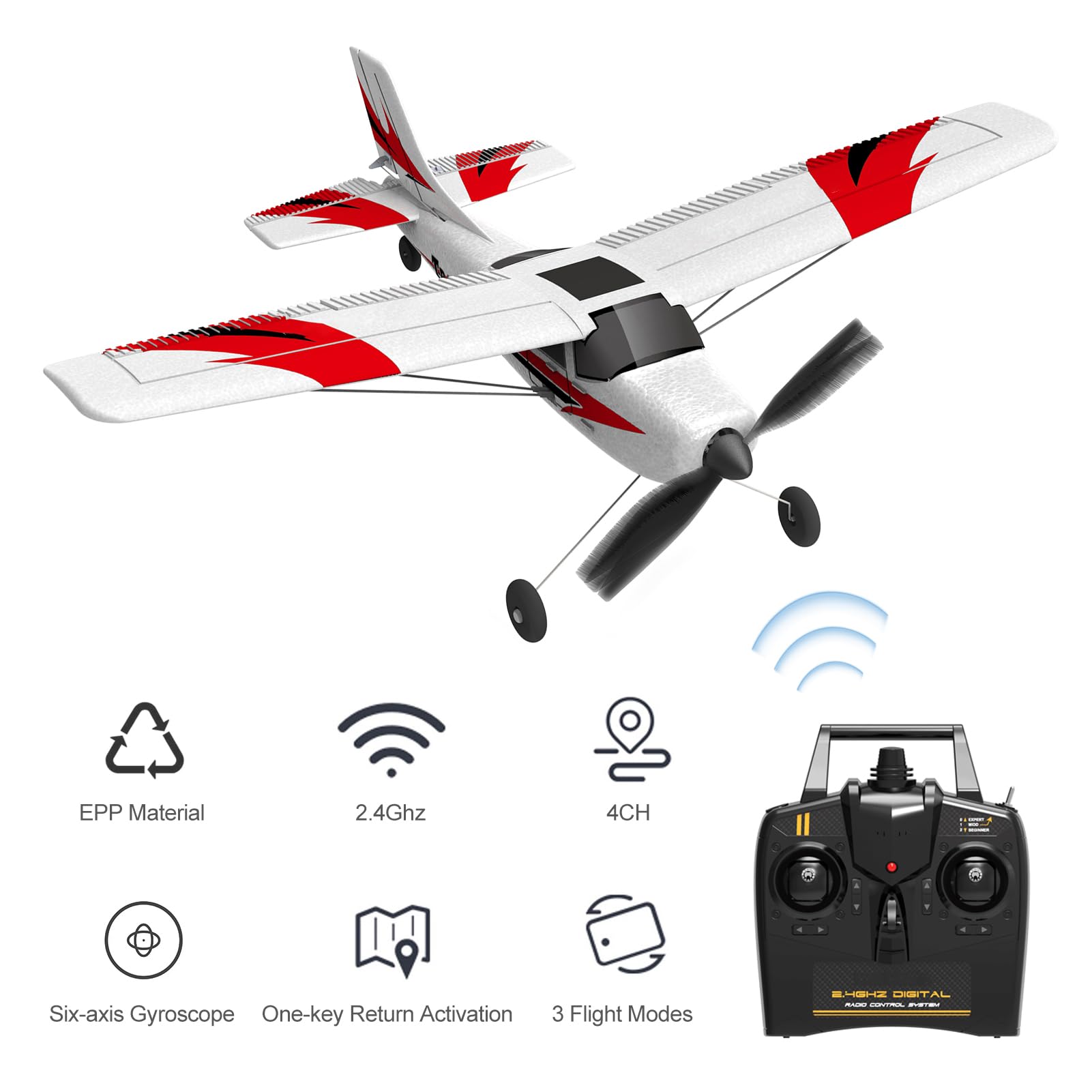 Alomejor Stable Airplane, 4CH Remote Controller Aerobatics for Kids Duration 14min, 80m Control Distance (3 Battery)