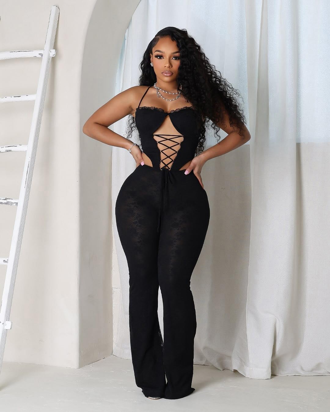 Sexy Jumpsuits for Women Lace Tie Back Halter Hollow out Rompers Trendy Stretchy Club Outfits - Image 2