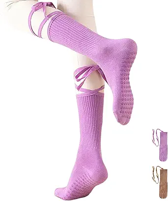 Womens Pilates Yoga Toe Socks with Grips Non Slip Cushioned Crew Socks Mid Calf for Barre Ballet