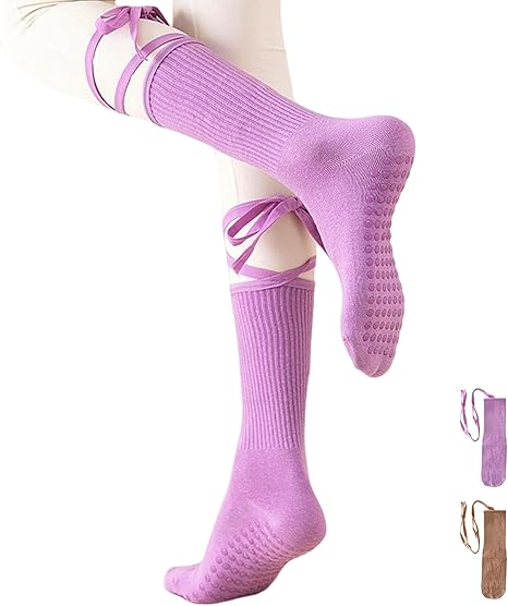 Womens Pilates Yoga Toe Socks with Grips Non Slip Cushioned Crew Socks Mid Calf for Barre Ballet