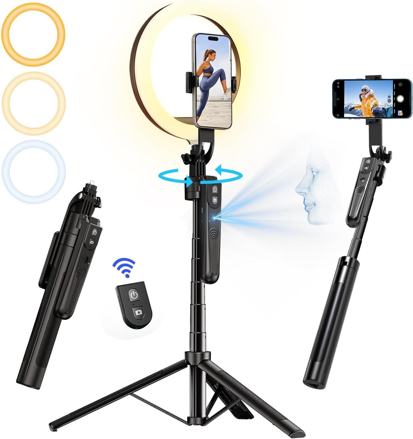 yAyusi Treppiede Rotazione a 360° per Rilevamento Automatico del Volto con Luce ad Anello,180CM Selfie Stick Treppiede con Telecomando,Treppiedes Telefono con Sensore per Streaming Live/Vlog