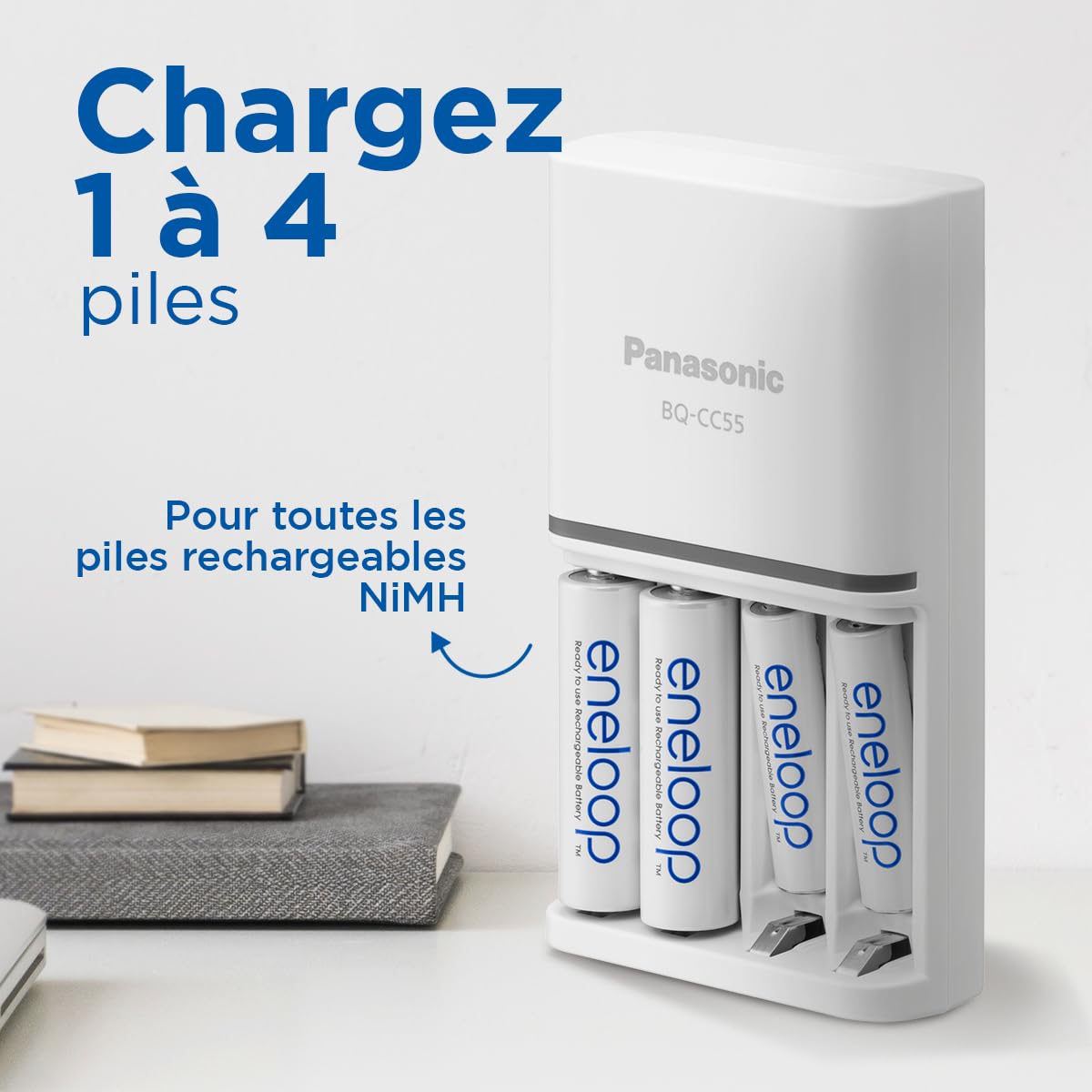 Chargeur eneloop SmartPlus pour 1 à 4 Piles AA/AAA Ni-MH, fourni avec 4 Piles eneloop AA/Mignon à capacité renforcée et 10 Fonctions de sécurité