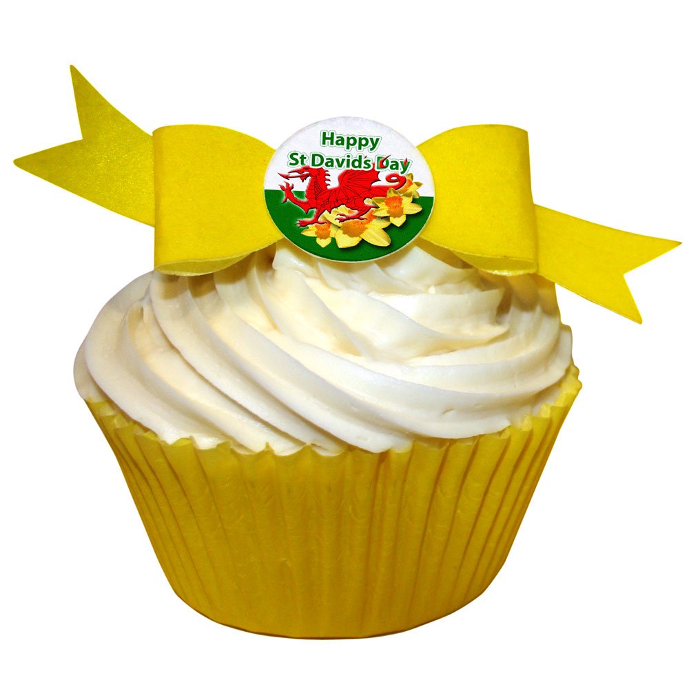 Pack of 12 Edible Wafer Decorations - St Davids Day Bow (Dragon & Daffodils) 201-365