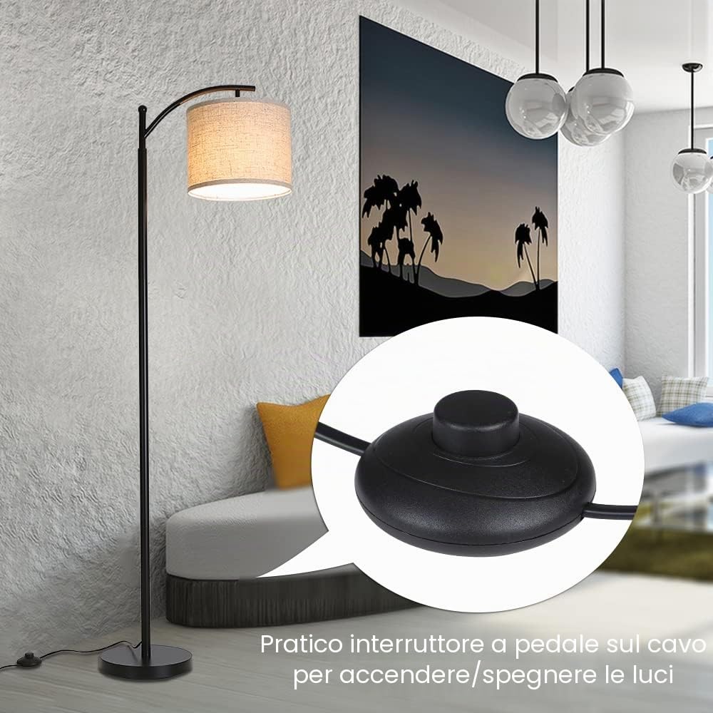 Lampada da Terra Salotto 1.6M, Lampada da Terra ad Arco 720LM 3000K Bianco Caldo, Piantana LED con una Lampadina LED da 9W(E27), Paralume in Lino Beige, Base in Ferro, per Camera da Letto, Soggiorno