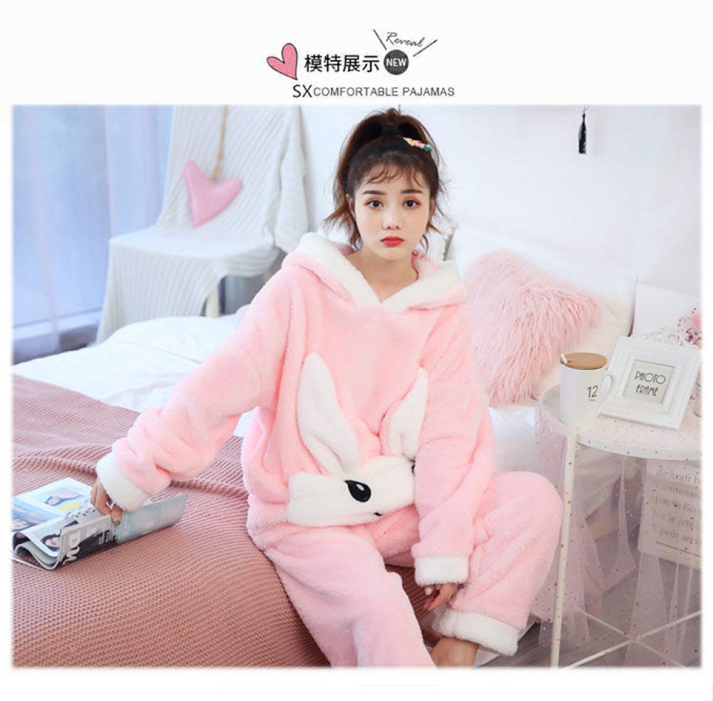 HAIBI Damen Pyjama Winter，Mädchen Schlafanzug 2 STK Mädchen Pyjamas Sets Nachtwäsche Cartoon Rosa Kaninchen Lange Ärmel Warm Pyjamas Weibliche Homewear