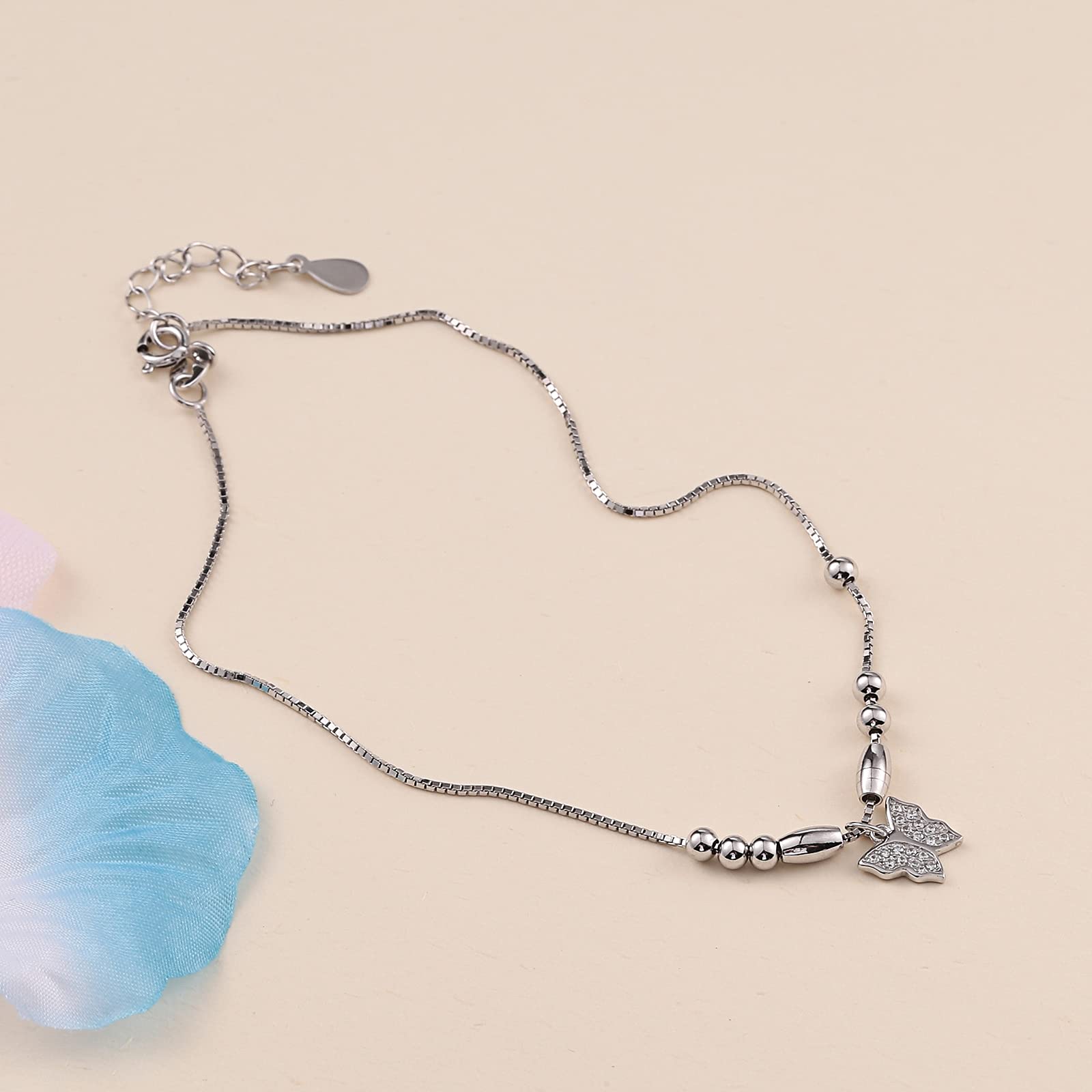 Beydodo Fußkette Damen 750 Weißgold, Fußkettchen 28CM Anhänger Schmetterling mit Zirkonia Fußkette Verlängerung Fußkettchen Urlaub Mädchen