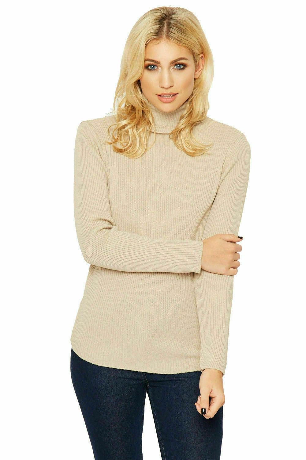 ER Direct Ladies Ribbed Stretch Polo Neck Top Womens Jumper Turtle Neck Long Sleeve Soft Knit 8-14 (Beige, 12-14)