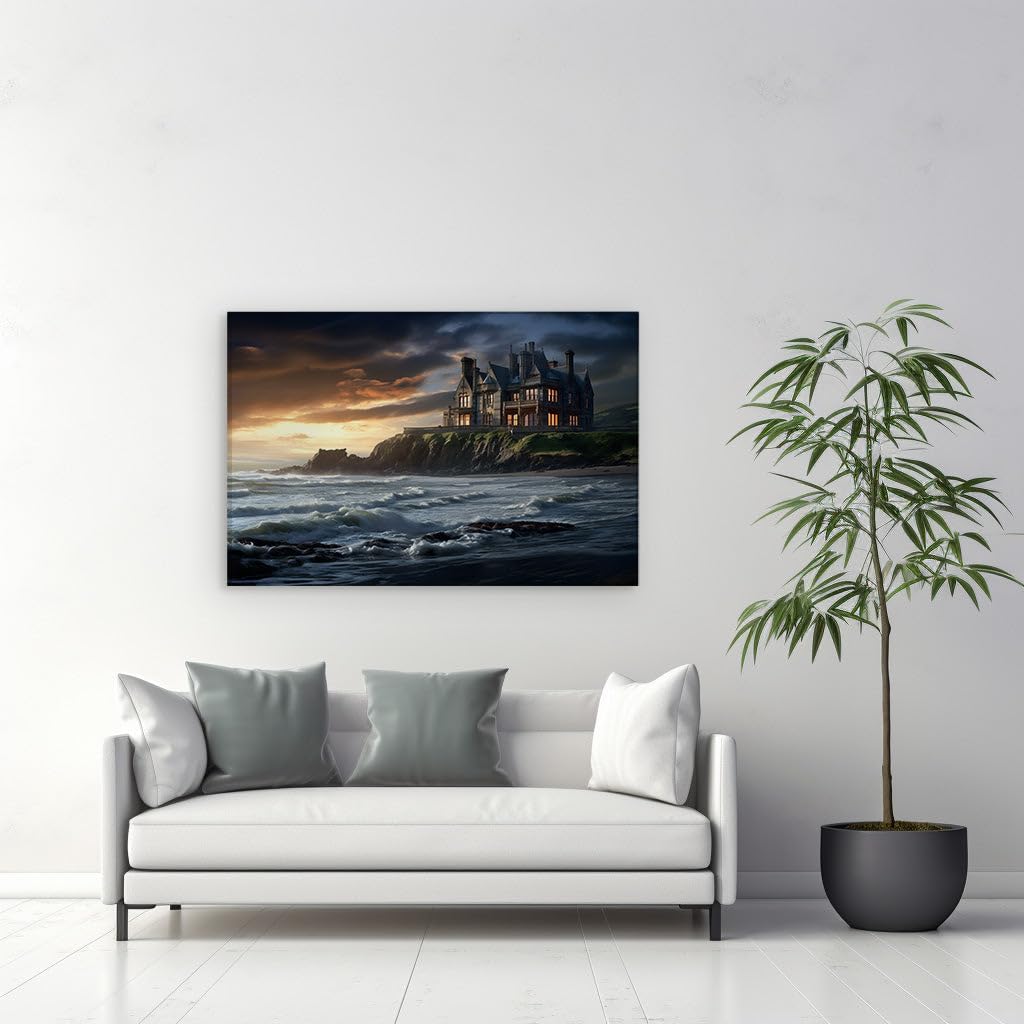 Canvas for Living room. Gothic Grandeur on the Precipice: A Majestic Mansion's Stormy Seaside Standoff, 27 x 18 inch Canvas Wall Art - Ready to Hang - 69x46 cm (27x18 inch)
