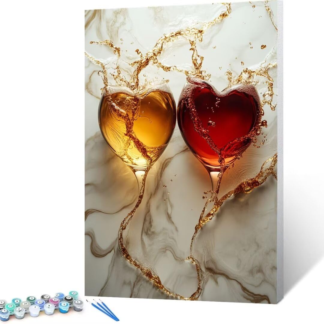 Paint by Numbers Kits for Adults, Wine Glass Painting by Number Kits On Canvas, Without Frame Heart Adult Paint by Numbers, DIY Color Oil Painting Acrylic Paints, Home Wall Decor 12x16in O - 12