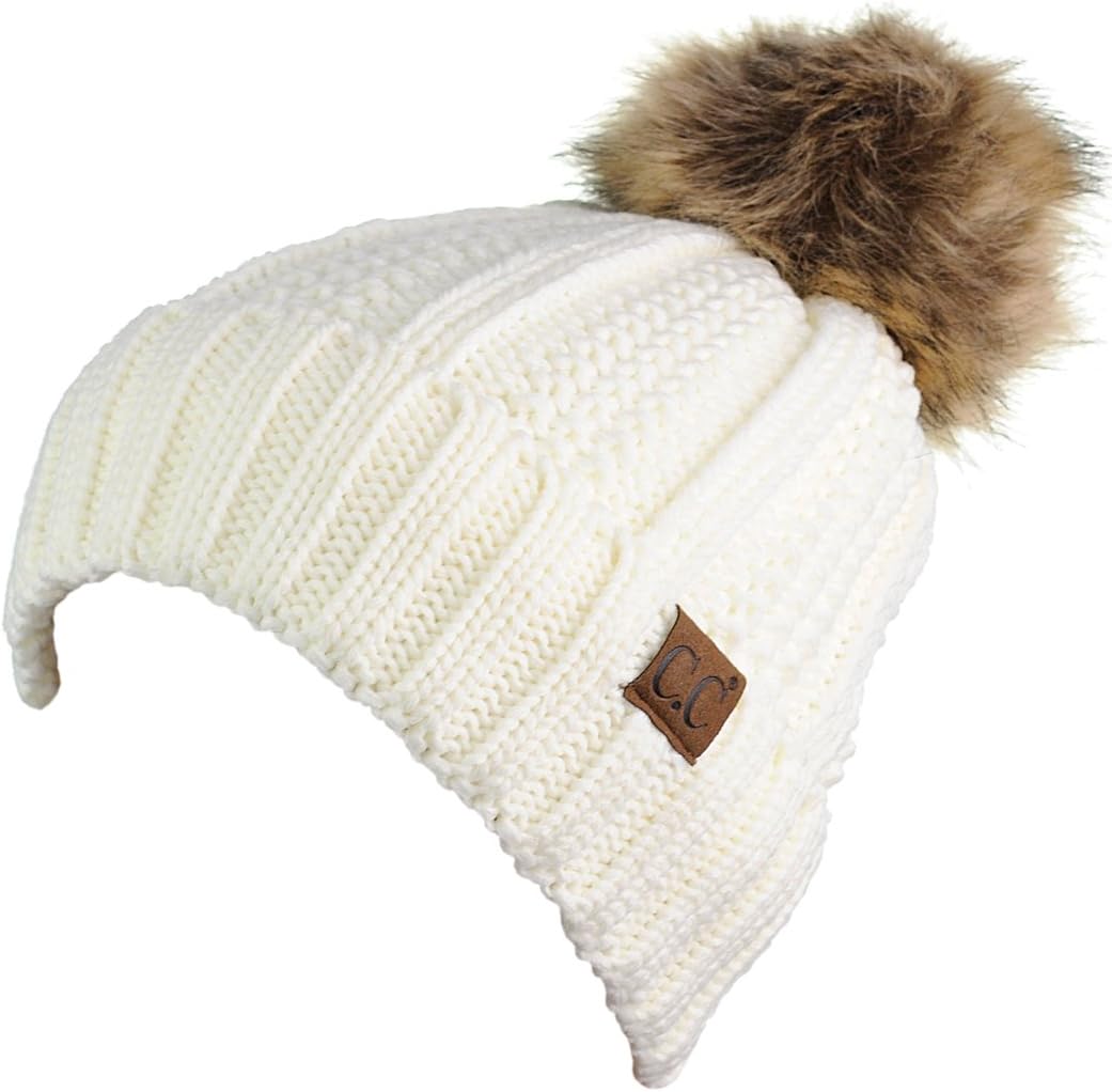 C.C Thick Cable Knit Faux Fuzzy Fur Pom Fleece Lined Skull Cap Cuff Beanie - Image 3