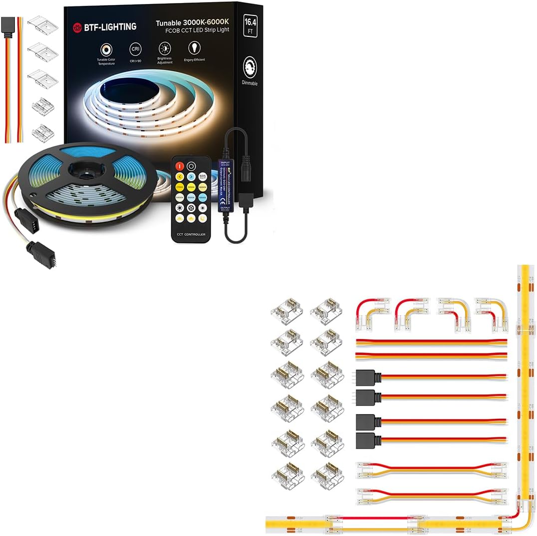 BTF-LIGHTING FCOB COB CCT 24V Kit 24FT RF Dimmable Controller Tunable Color Temperture 3000K-6000K CRI 90+,FCOB 10mm 3PIN Connector Kit