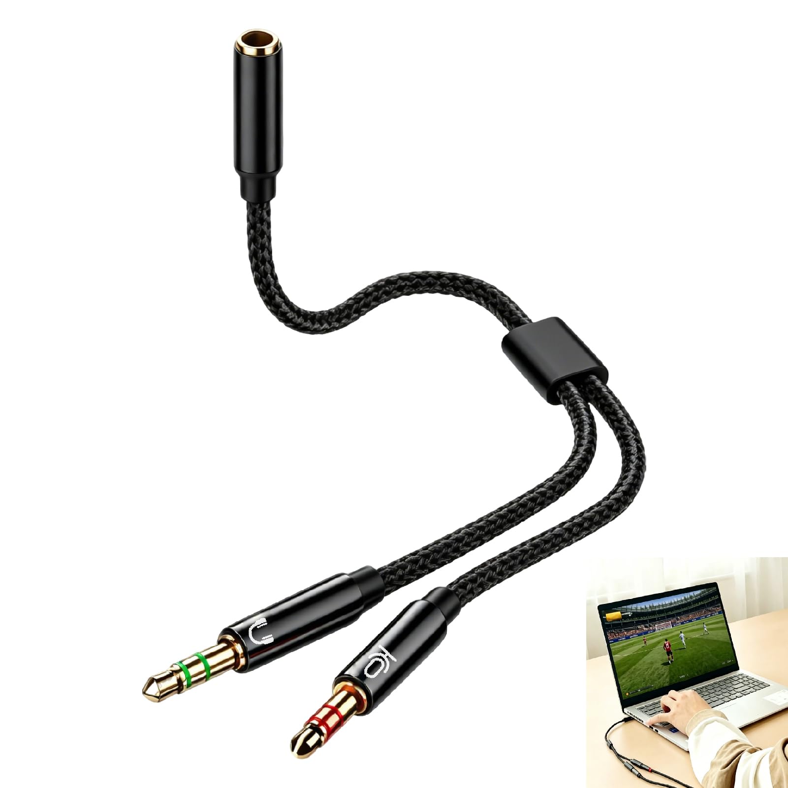 3,5mm Adapter Y Splitter, Headset Adapter 1m TRRS Buchse auf 2X TRS Stecker Kabel für PC Laptop Gaming Headset, 4 Pol auf Dual 3 Pol Klinke Adapter kompatibel mit Desktop Konsole Schwarz