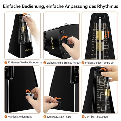 Rhymo Metronom Mechanisch mit Glocke, 40-208 BPM, 4 Genaue Taktarten (2/4, 3/4, 4/4, 6/8) für Klavier, Schwarz