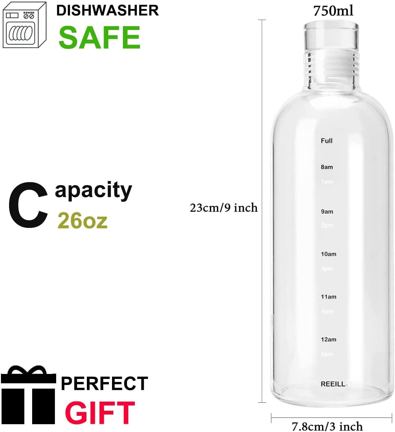 Snminetal Glass Water Bottles,With Time Marker， Non-slip Sleeve And Seal Lid, Drink Water Bottle 26oz，Suitable for office, Car, home, travel Hiking, fitness, as a gift, etc(750ML2PCS)