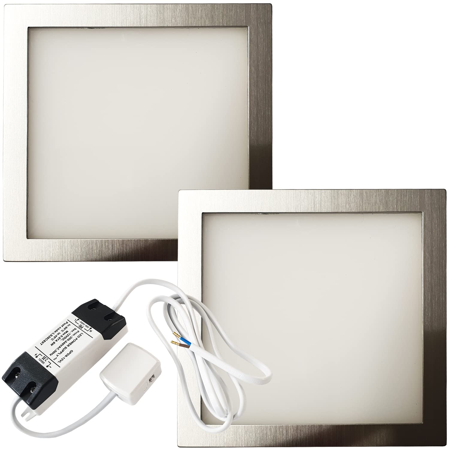  - 2-Pack Brushed Nickel Ultra-Slim Square Under Cabinet Kitchen Light Kit With Natural White Led