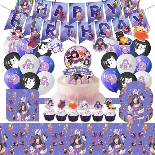 91 pcs Cat Game Birthday Party Supplies Plushies Cat Theme Birthday Party Supplies Set with Tablecloth Plates Napkins Banner Balloons Hanging Swirls Cake Cupcake Toppers party sets