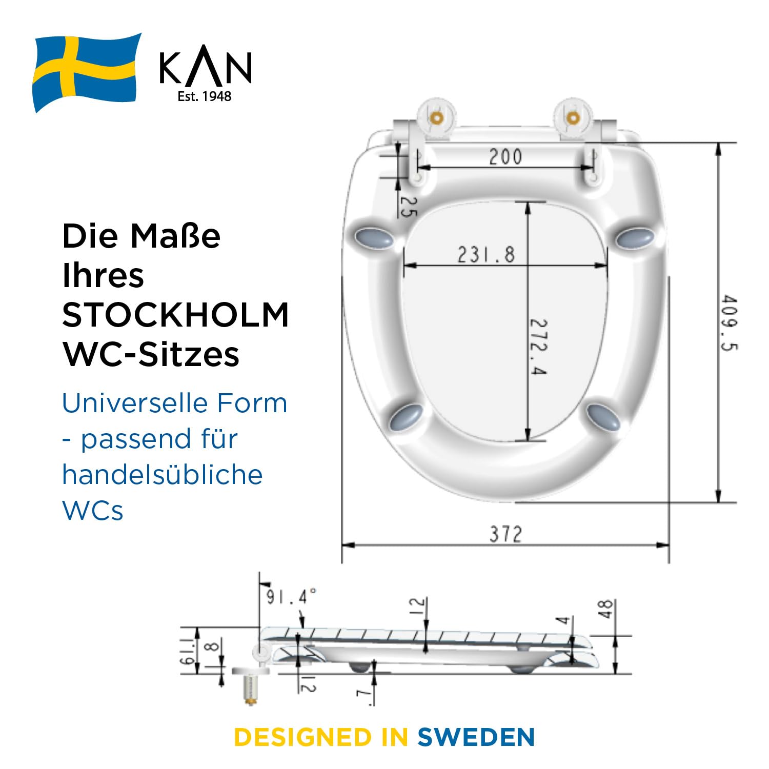 Kan Stockholm Universal Shape drewno formowane / wolnoopadające/drewno/zdejmowane/mocowanie od góry/2 różne rozwiązania montażowe/owalne, uniwersalne dopasowanie