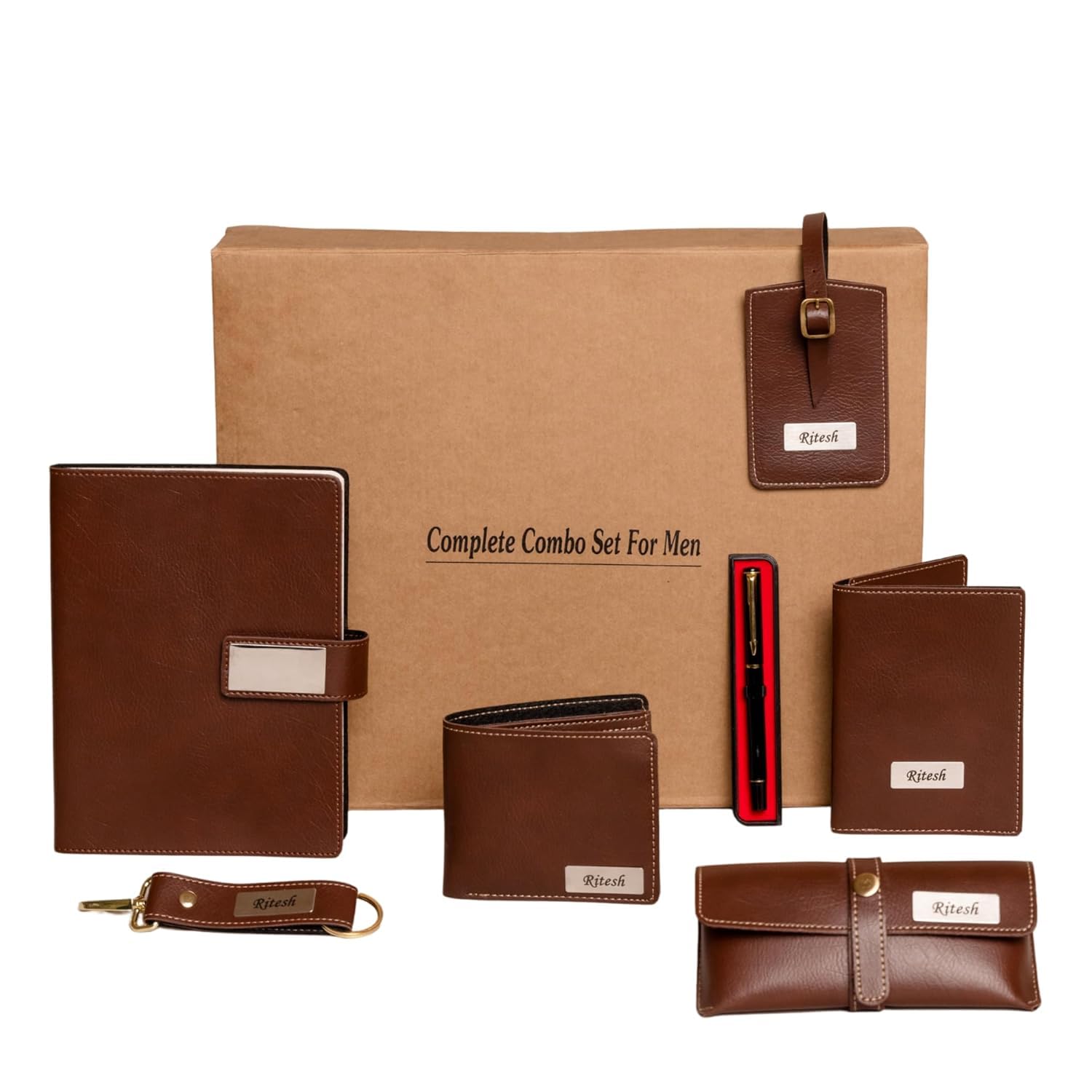 Your Name Customized Leather Unisex Passport Holder, Sunglasses Cover and Men's Wallet with Key Chain, Gifts, Personalized Gifts (Brown)-image-34