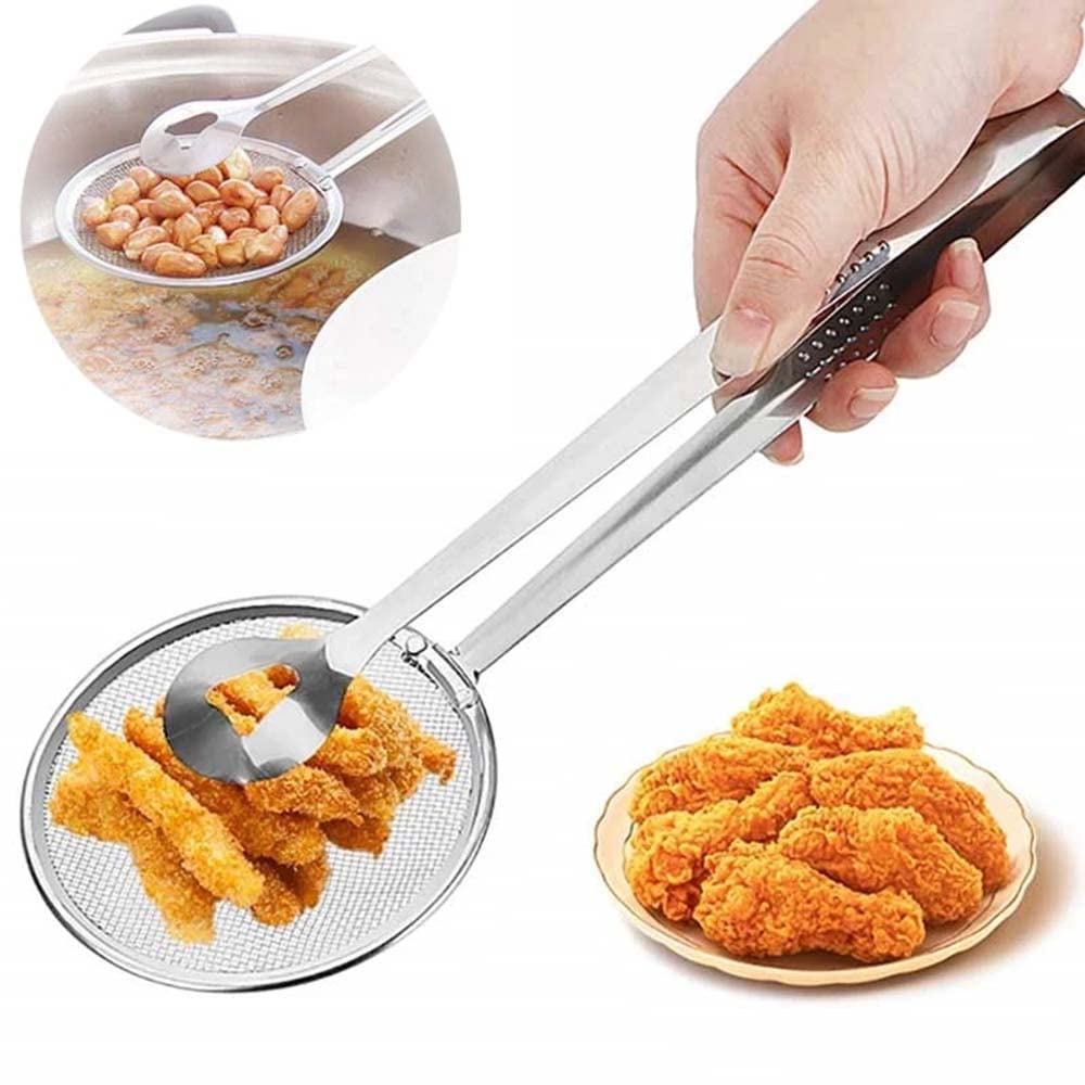 ELECDONColander Spoon with Clip, 2-in-1 Kitchen Stainless Steel Filter Spoon With Food Clip Oil Filter Grid Scoop Fryer Tongs Frying Mesh Colander Kitchen Tools Accessories