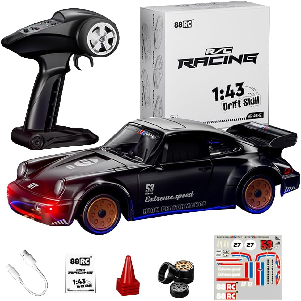 1:43 RC Drift Car with Alloy Shell & Opening Doors, Gyro Auto Calibration, LED Lights, Full Proportional Desktop Racing Mini Remote Control Car for Adult Hobbyists & Collectors