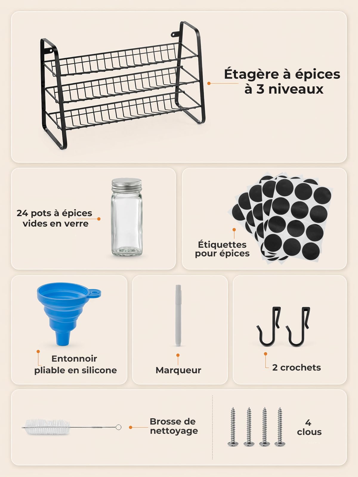 FOHERE Rangement Epices Cuisine à 3 Niveaux avec 24 Bocaux en Verre