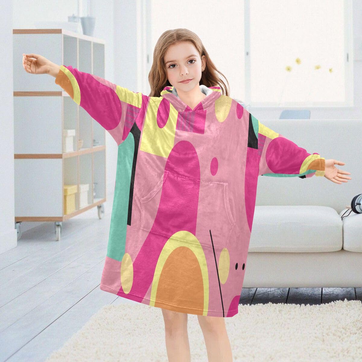 Kolorowy abstrakcyjny geometryczny koc do noszenia dla dzieci bluza z kapturem oversize bluza koc sweter dla chłopców i dziewcząt w wieku 3-14 lat