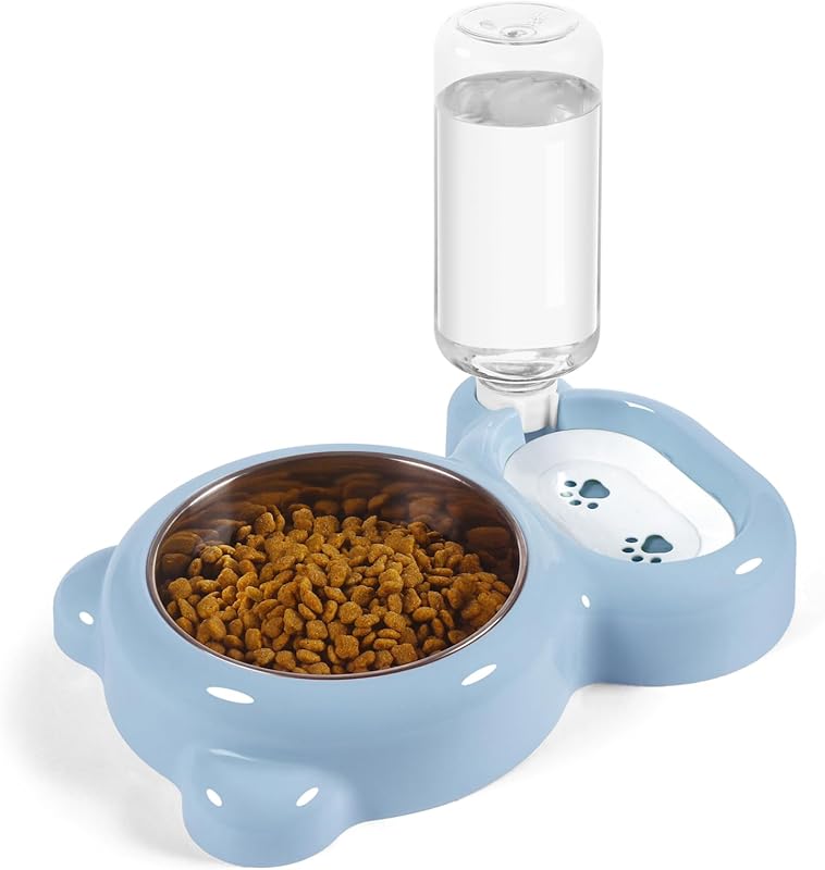 Comedouro e Bebedouro para Gatos e Cães Pequenos com Dispenser de Água e Tigela de Aço Inoxidável Azwraith Azul-claro