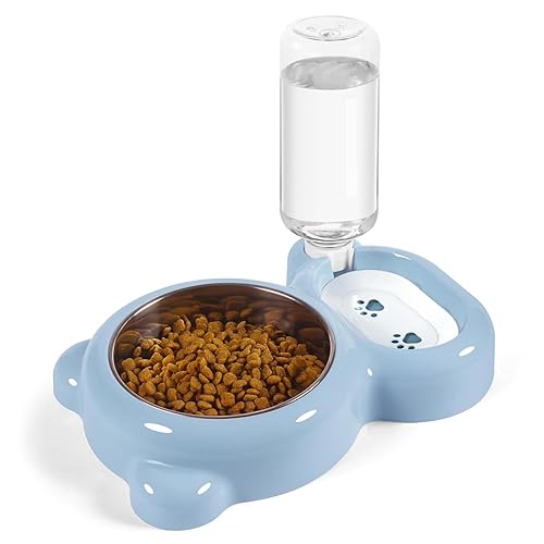 Dog Bowls, Cat Food and Water Bowl Set with Water Dispenser and Stainless Steel Bowl for Cats and Small Dogs - Light Blue - Light Blue