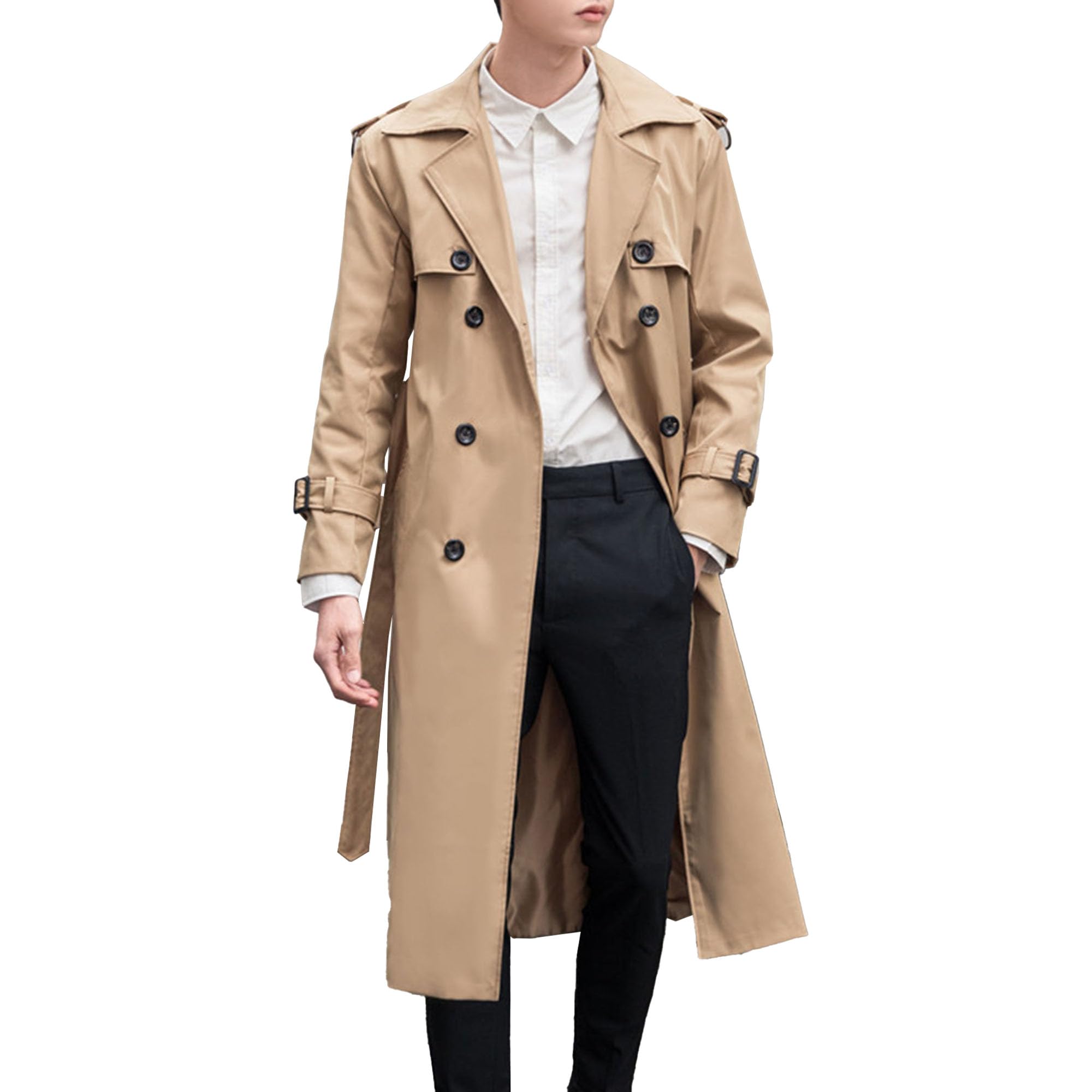 Man's Double Breasted Trench Coat Casual Windbreaker Belted Trench Coat Lapel Long Jacket Overcoat (7X-Large,Khaki)