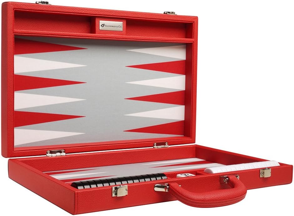 16-inch Premium Backgammon Game Set - Red Board - Grey Field - White and Red Points